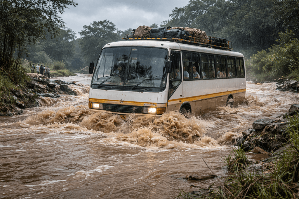 Flooded river with Bus crossing