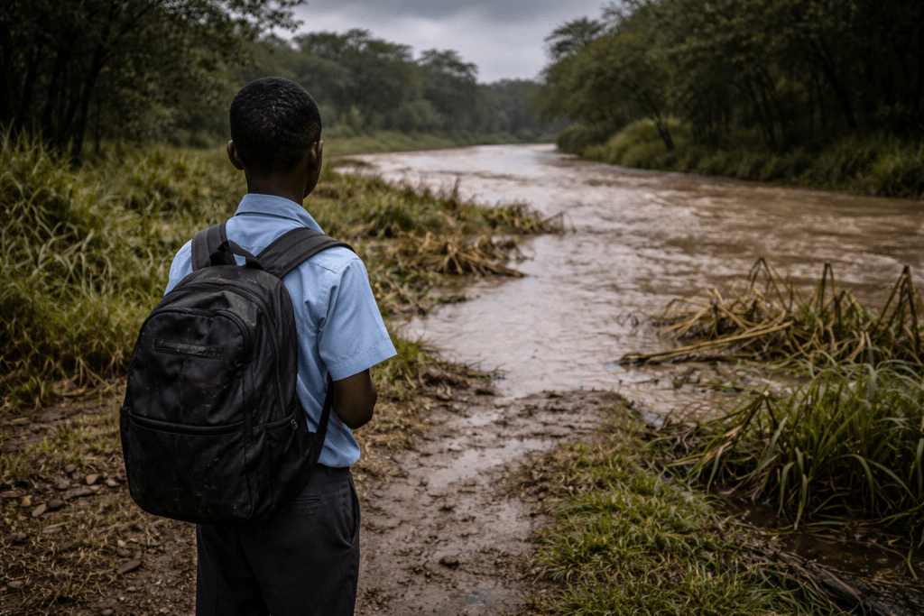 School child crossing a river